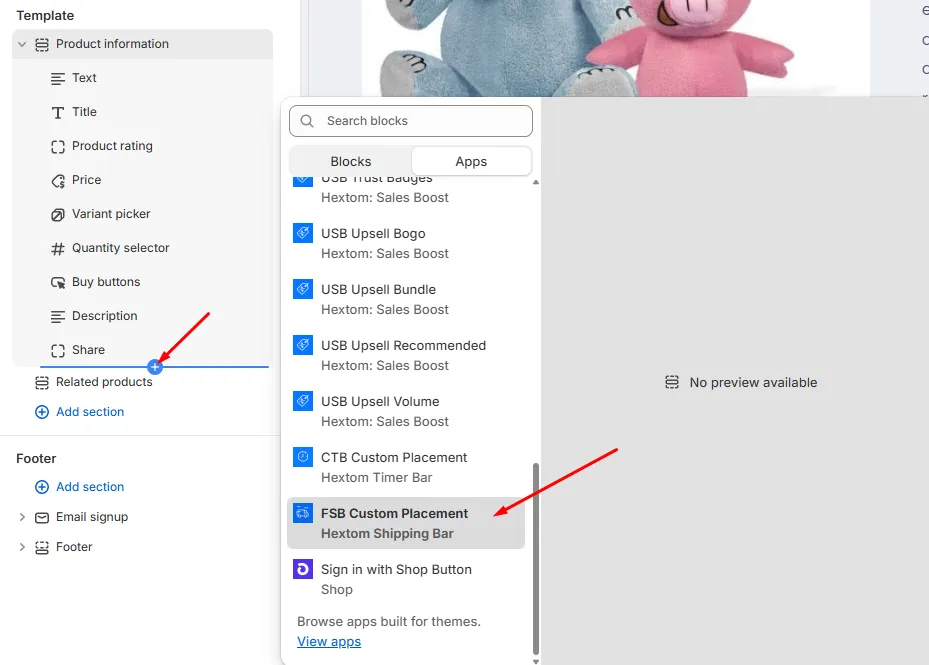Add block menu with FSB Custom Placement option selected