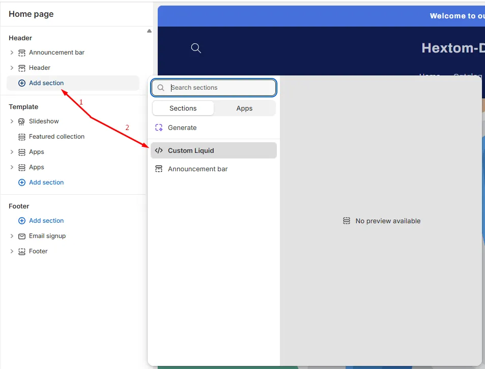 Adding a Custom Liquid section in the theme editor