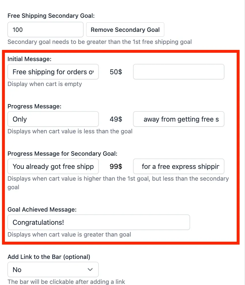 Message fields for the intermediate stage between the first and second shipping goals