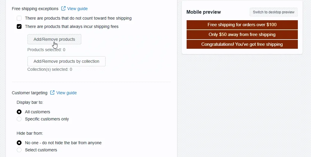 Animation showing the product picker being used to select products that always incur shipping fees