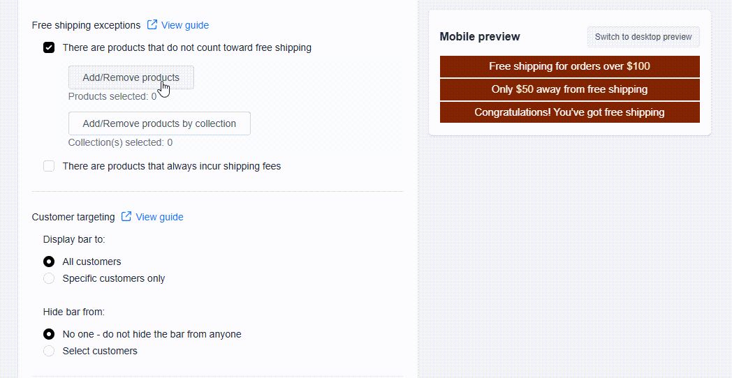 Animation showing the product picker being used to select products to exclude from free shipping