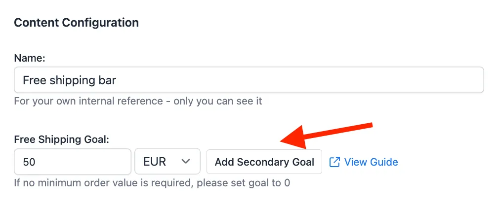 The Add Secondary Goal button in the Free Shipping Bar configuration panel