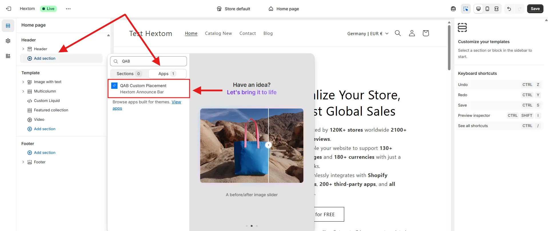 Header section with Add Section open showing Apps tab and Quick Announcement Bar option