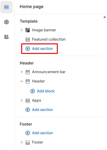 Add section button in the left sidebar of the theme editor