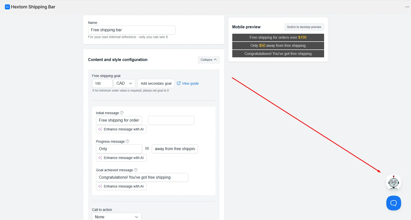 AI Assistant floating button at the bottom-right corner of the bar configuration page