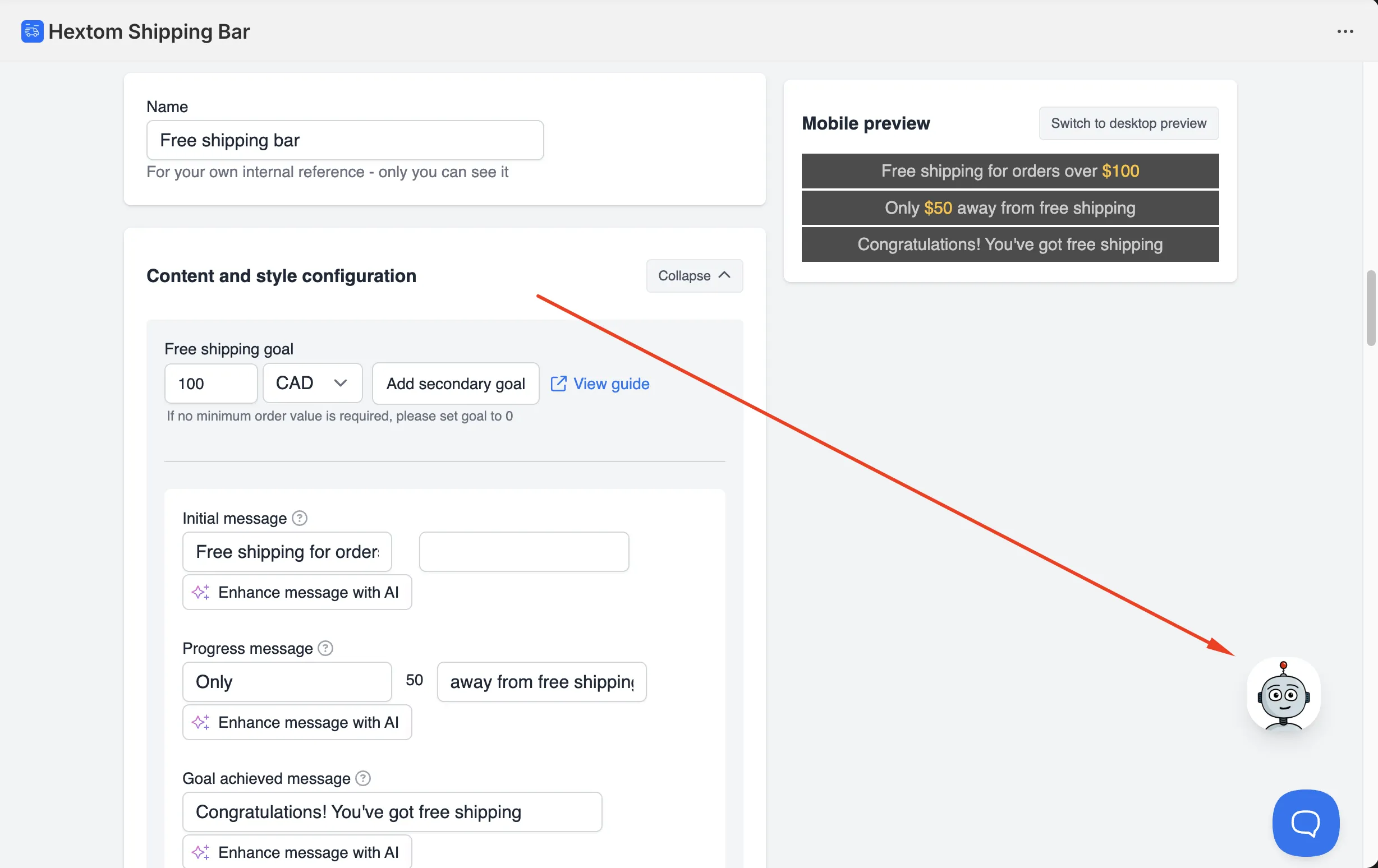 AI Assistant chat window open on the bar configuration page