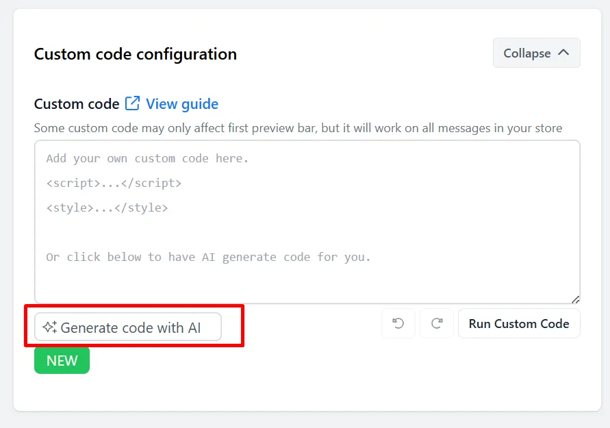 AI code generation interface showing the prompt input field and Generate Code button