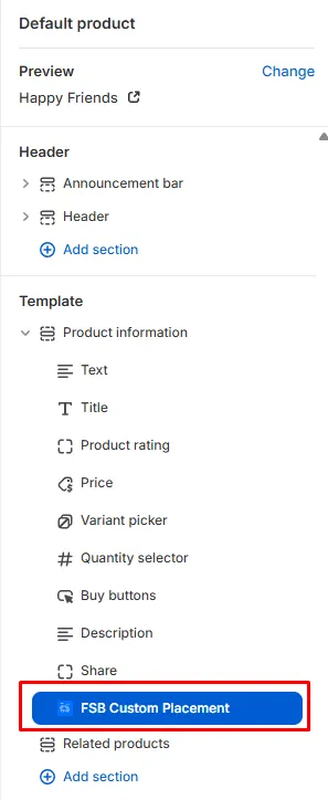 FSB Custom Placement app block added at the bottom of the Product information section