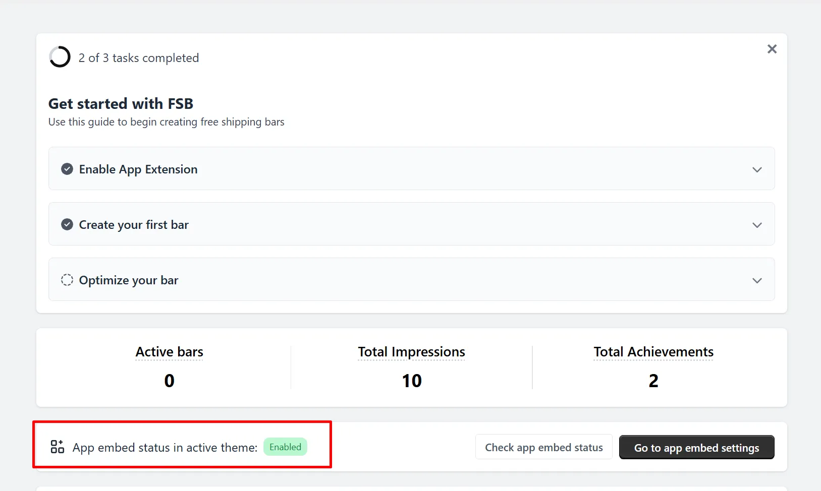 App embed active status confirmed in the Free Shipping Bar app dashboard
