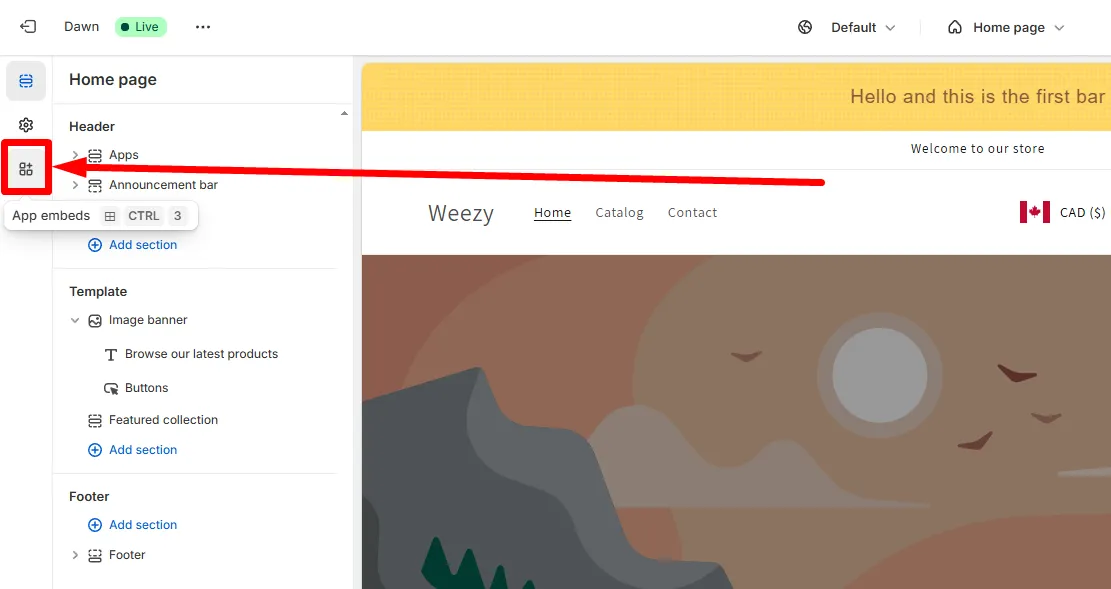 App embeds option selected in the left sidebar of the theme customizer