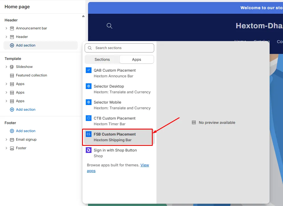 Apps section list showing the Free Shipping Bar option