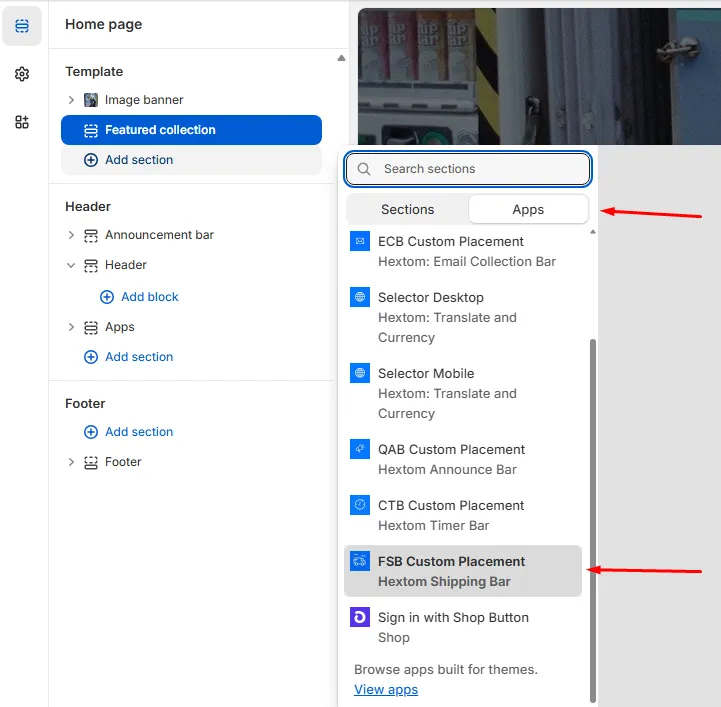 Apps tab in the Add section panel showing FSB Custom Placement option