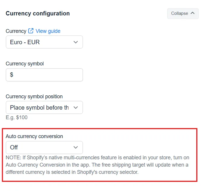 Auto Currency Conversion toggle in the Free Shipping Bar settings