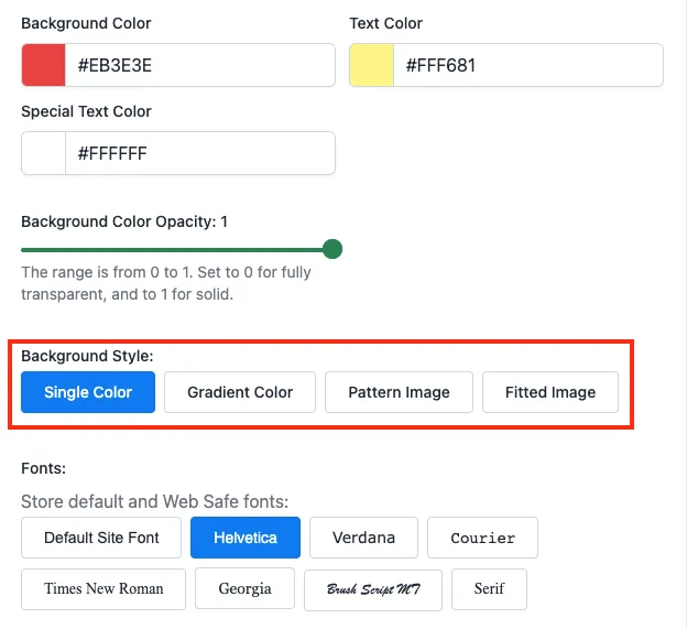 Background style options panel showing Single Color, Gradient Color, Pattern Image, and Fitted Image options