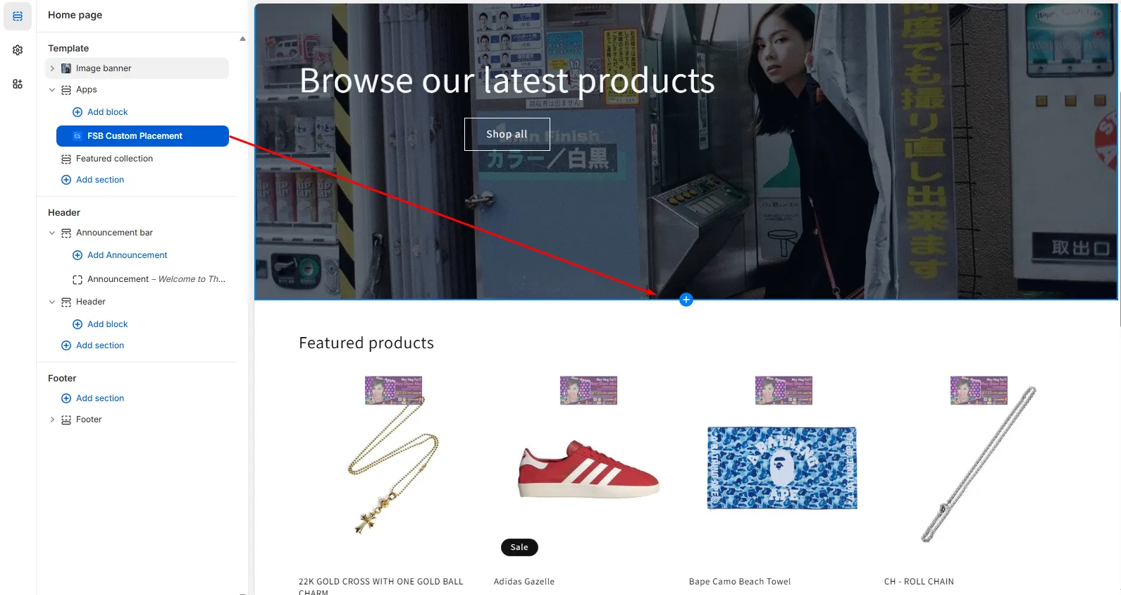 FSB Custom Placement section dragged to below a slideshow element in the layout