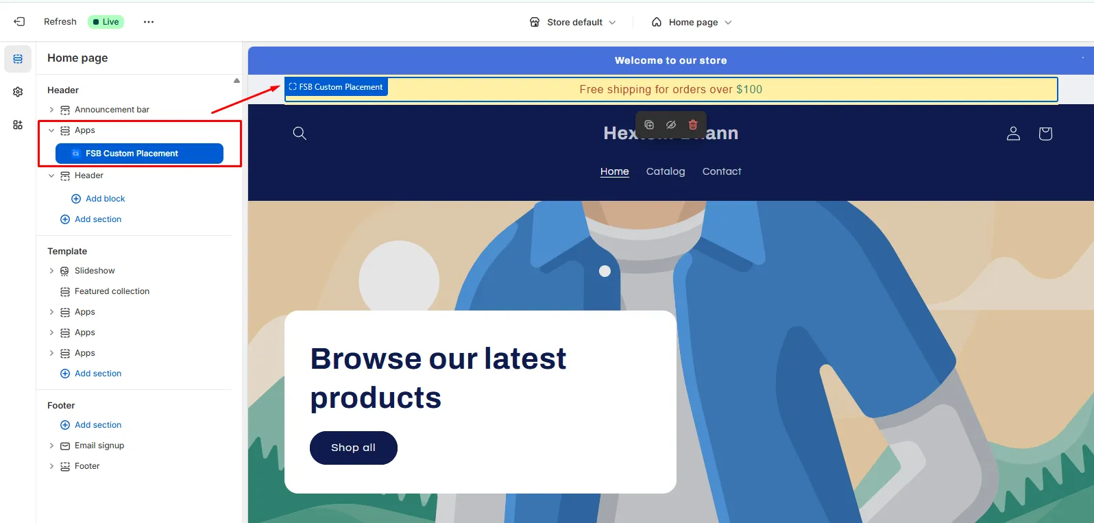 Free Shipping Bar rendered in the theme editor preview window