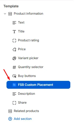 FSB Custom Placement block dragged to just under the Buy buttons