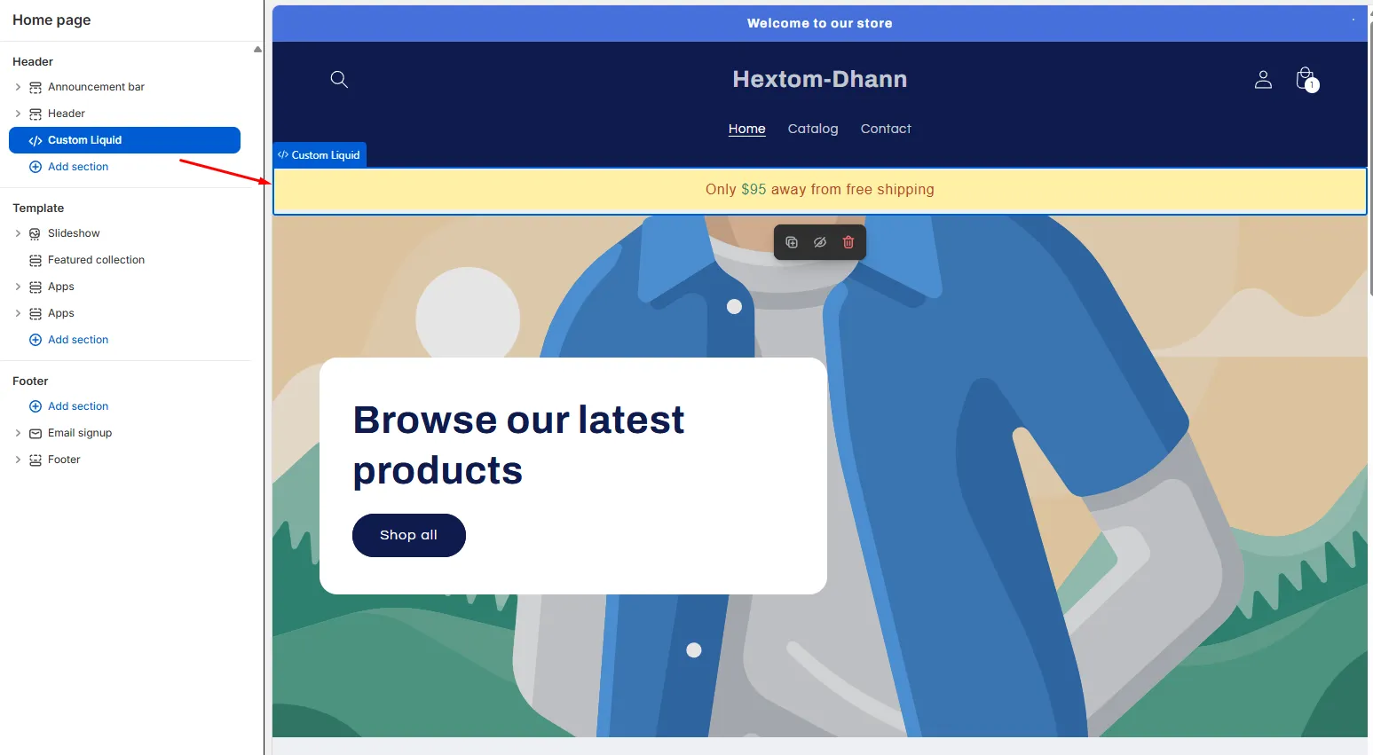 Free Shipping Bar visible after saving the Custom Liquid block