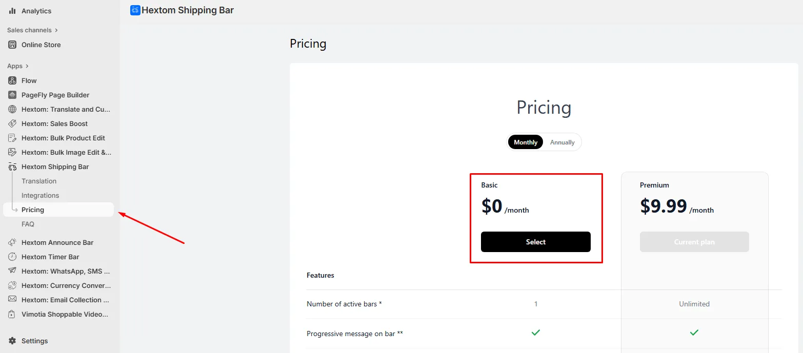 Pricing page showing the option to downgrade to the free plan to cancel the subscription