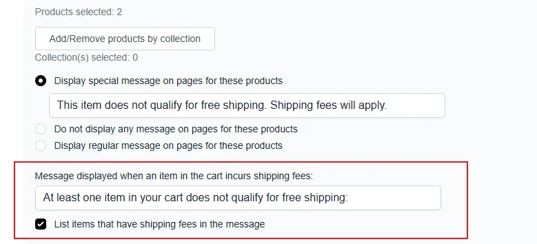 Cart message settings for when a product that always incurs shipping fees is added to the cart