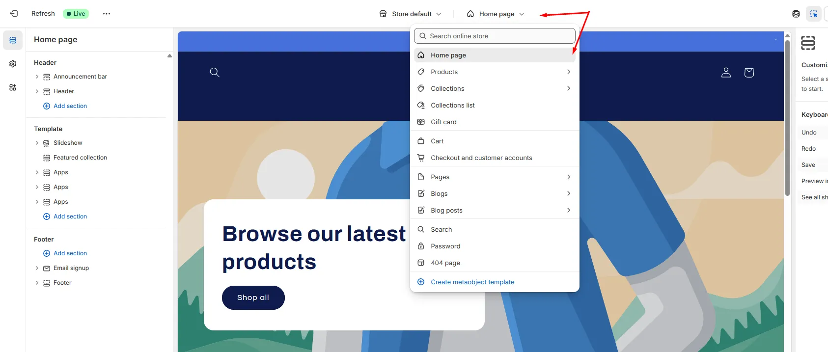 Page selector in the theme editor for choosing which page to edit