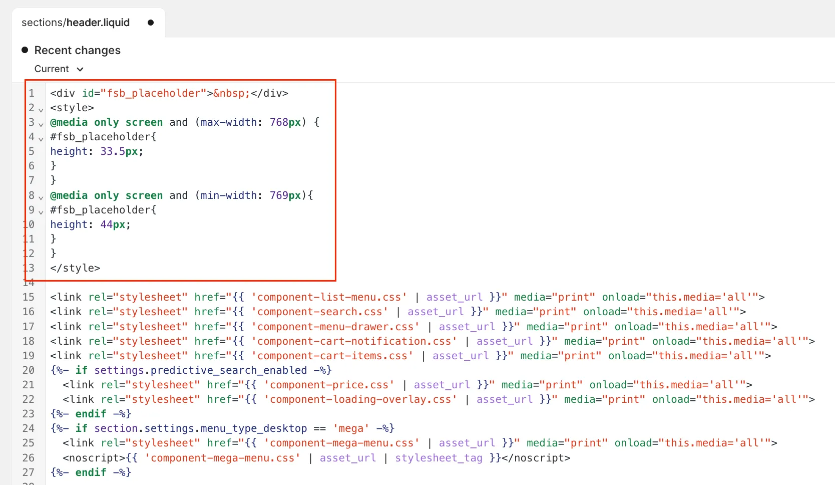 Placeholder code with height styles pasted at the top of header.liquid for sticky placement