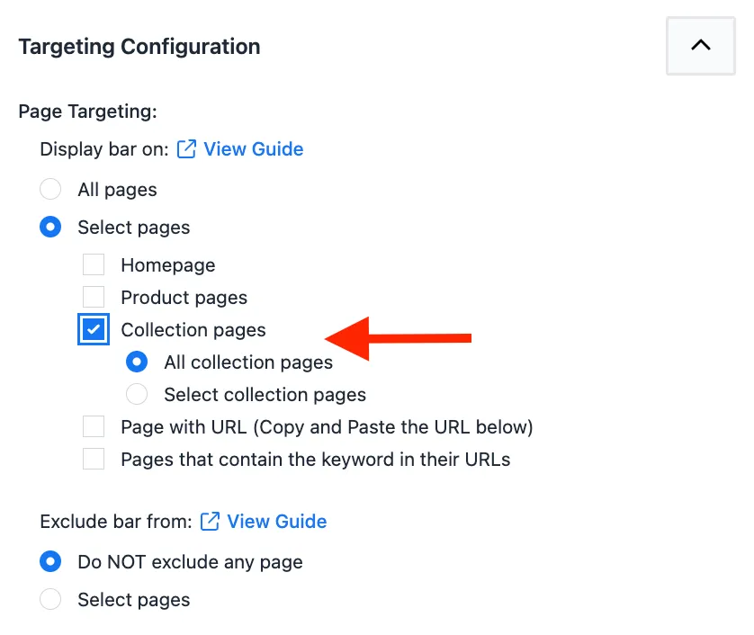 Collection pages option selected under the Display bar on targeting settings