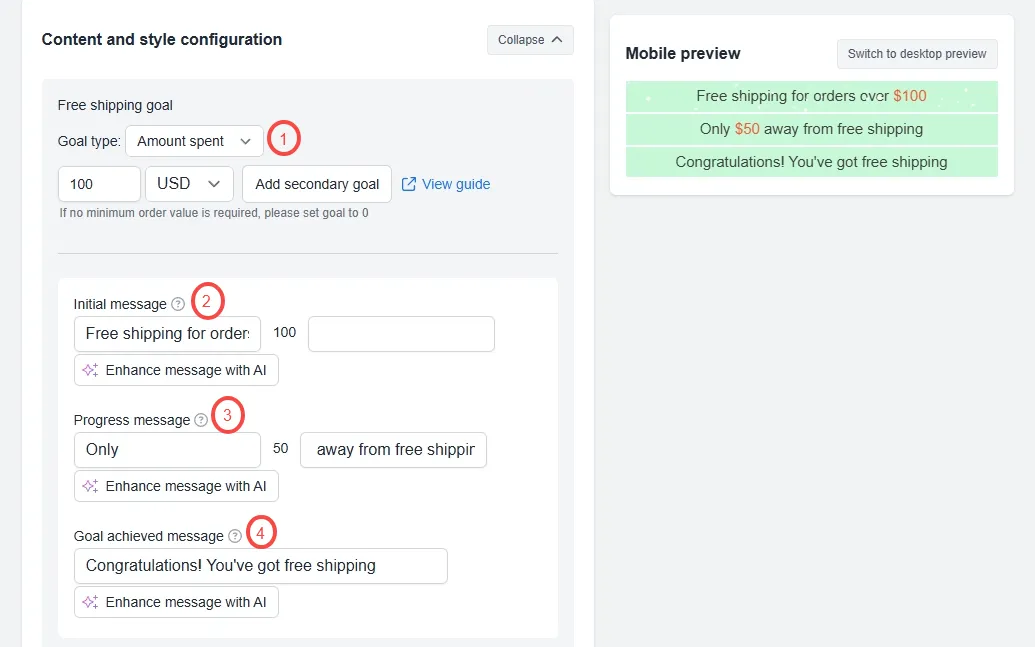 Configuration panel showing Free Shipping Goal, Initial Message, Progress Message, and Goal Achieved Message fields