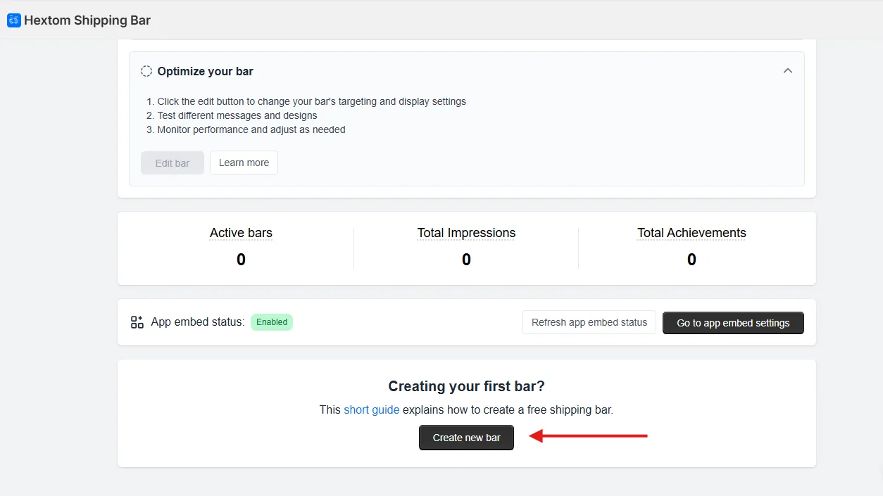 Create New Bar button in the Free Shipping Bar dashboard