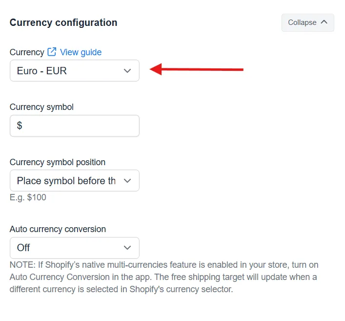 Currency Configuration section where the currency, symbol, and symbol position can be edited