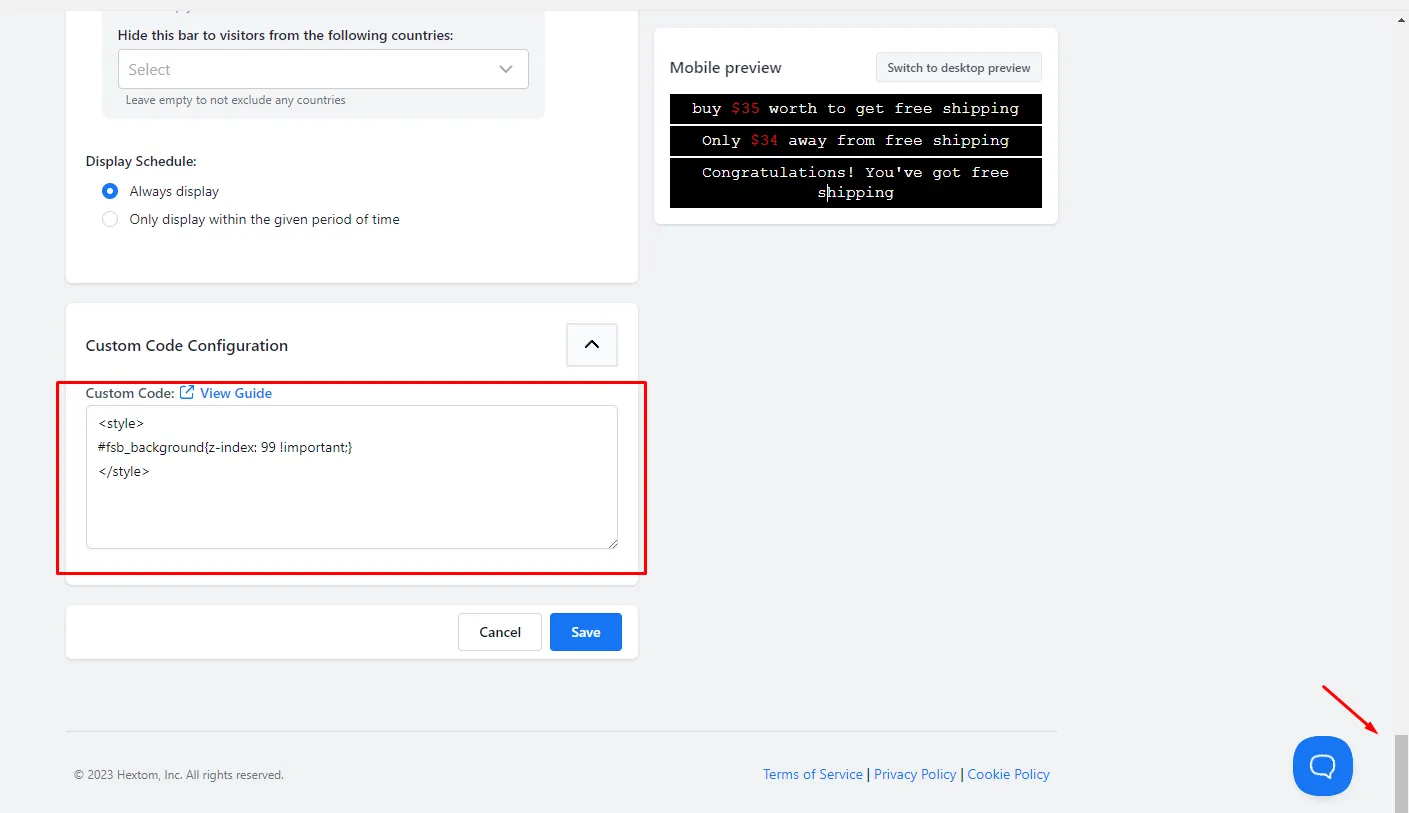 Custom code area with the z-index CSS pasted in