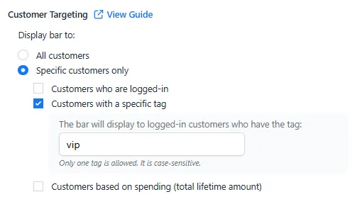Customer tag targeting field with the tag 'vip' entered