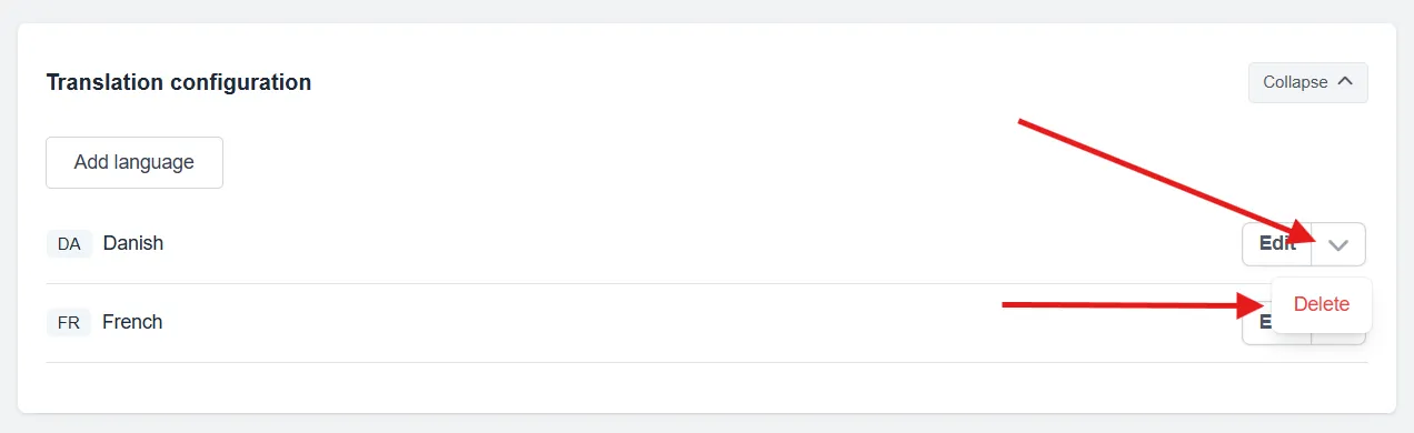 Dropdown menu on a translation entry with the Delete option highlighted