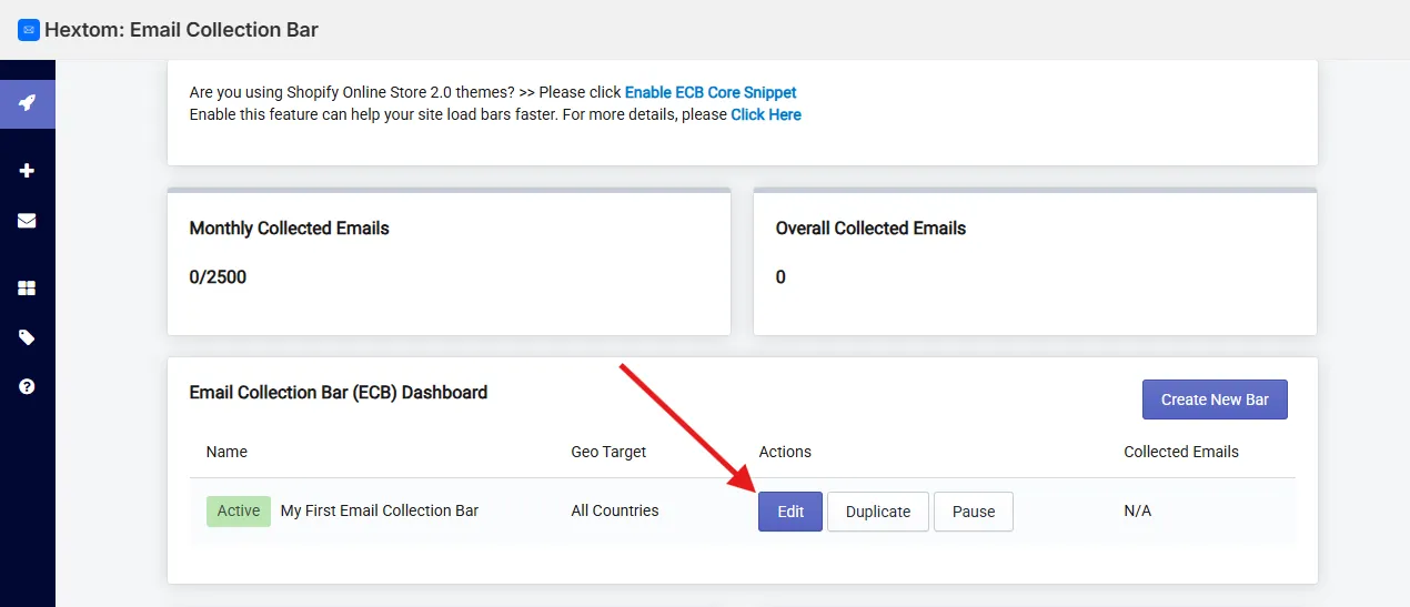 Edit button for an existing bar on the Email Collection Bar dashboard