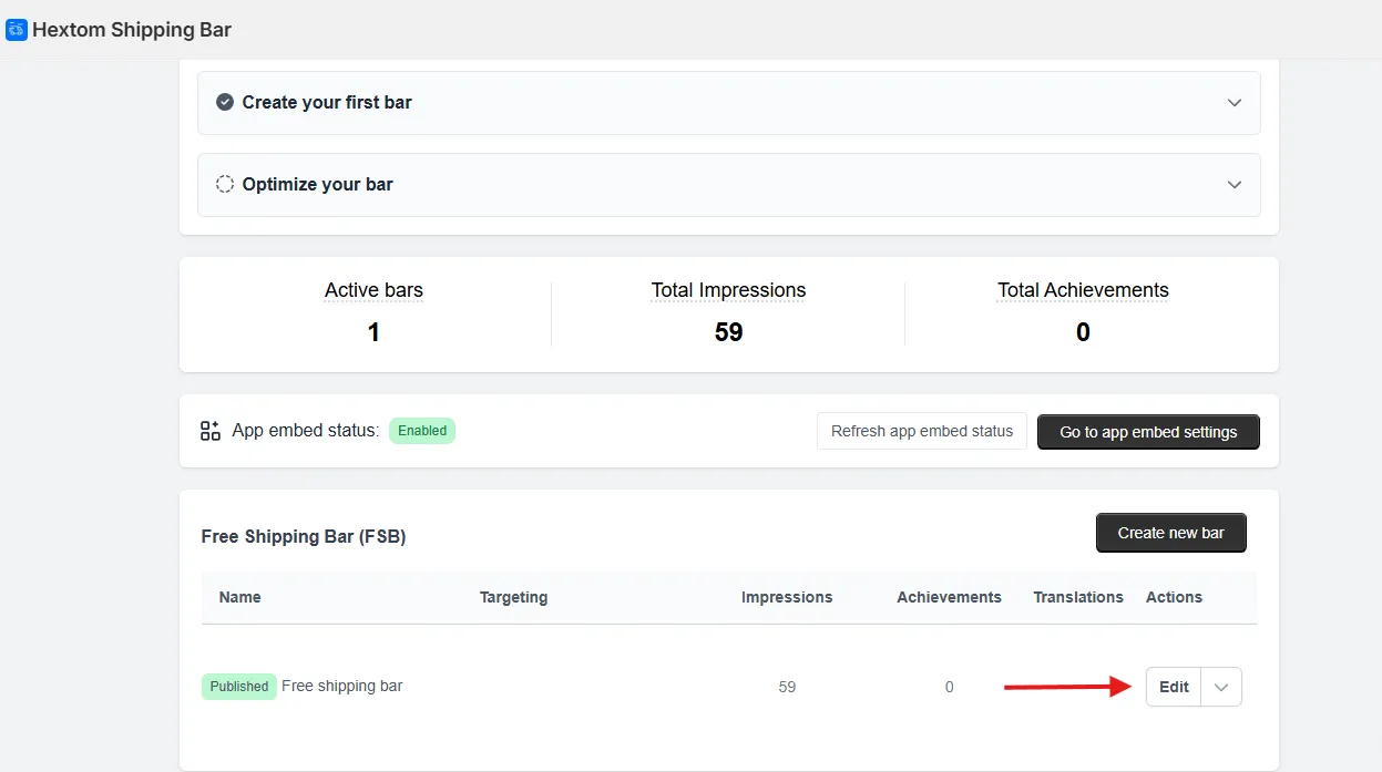 Edit button for an existing free shipping bar in the dashboard