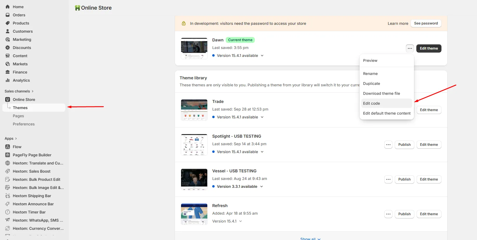 Edit Code button in Shopify theme actions