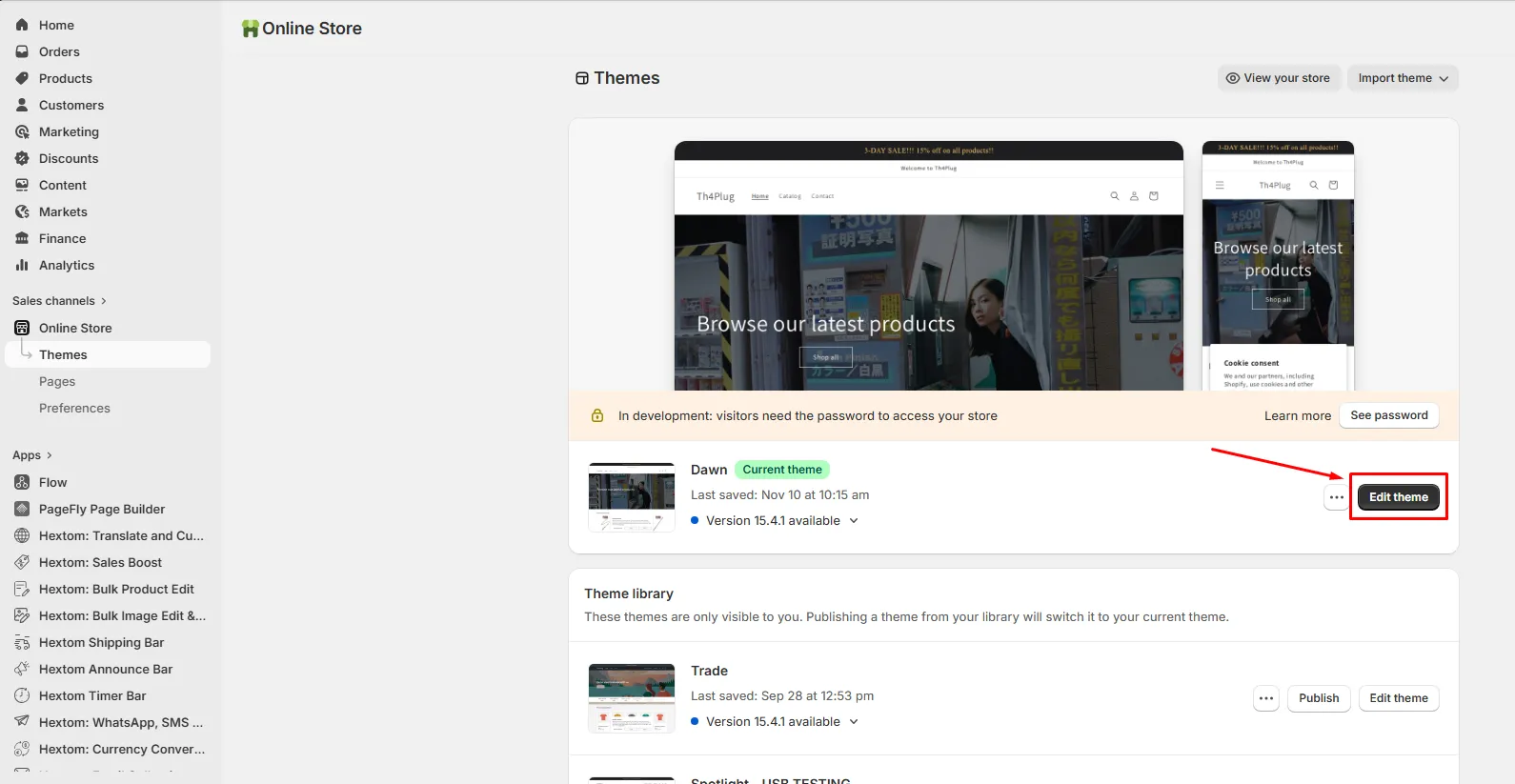 Edit theme button in the Shopify admin
