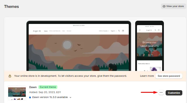 Ellipses drop-down menu on the right side of the themes page