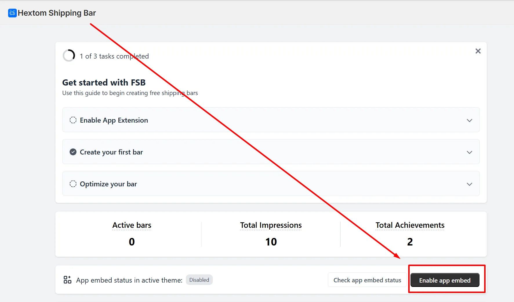 Enable app embed button in the Free Shipping Bar app dashboard