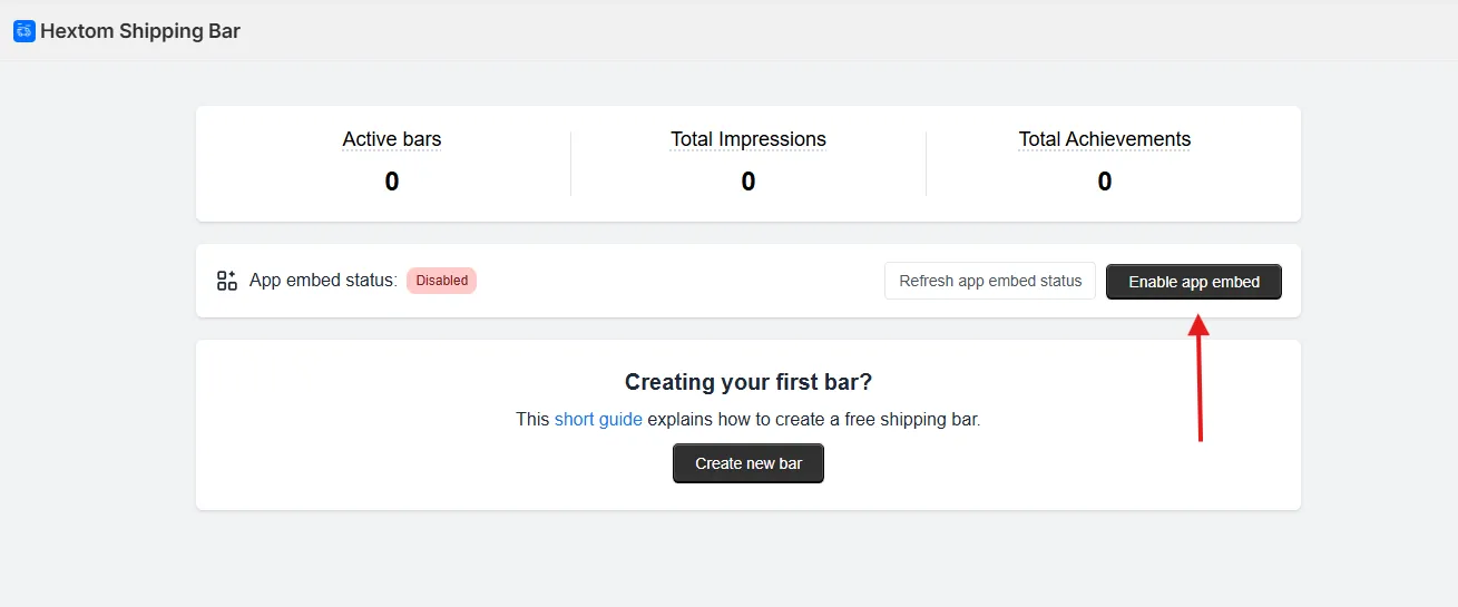 Enable app extension button in the Free Shipping Bar dashboard