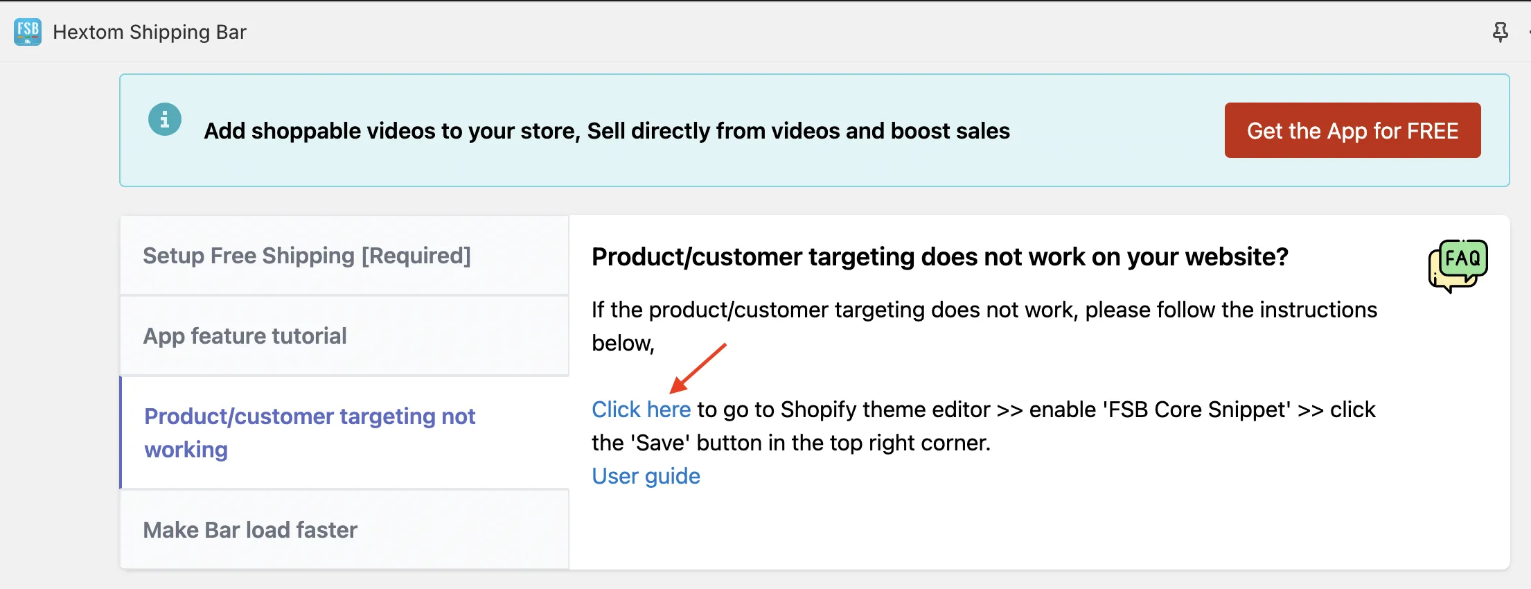 App dashboard showing the link to enable the FSB Core Snippet for tag targeting