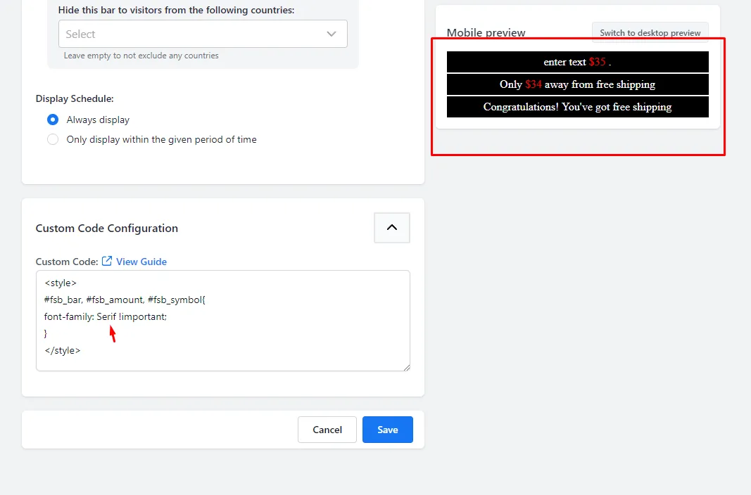 Bar preview showing the font changed to Serif after applying the custom CSS code