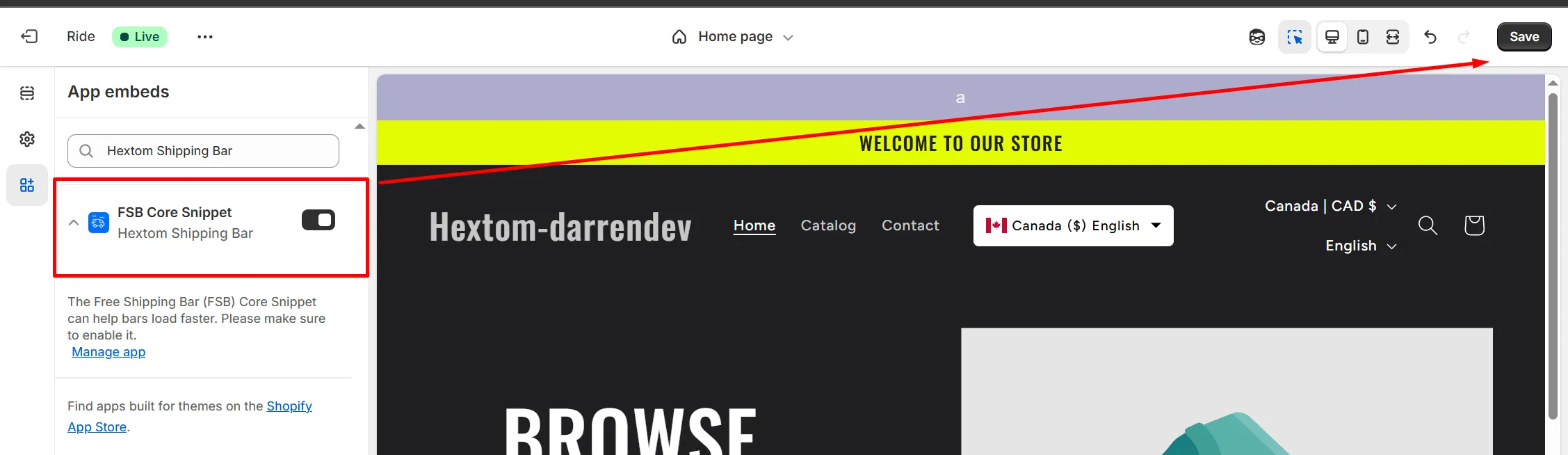 FSB Core Snippet enabled in the theme customizer with Save button