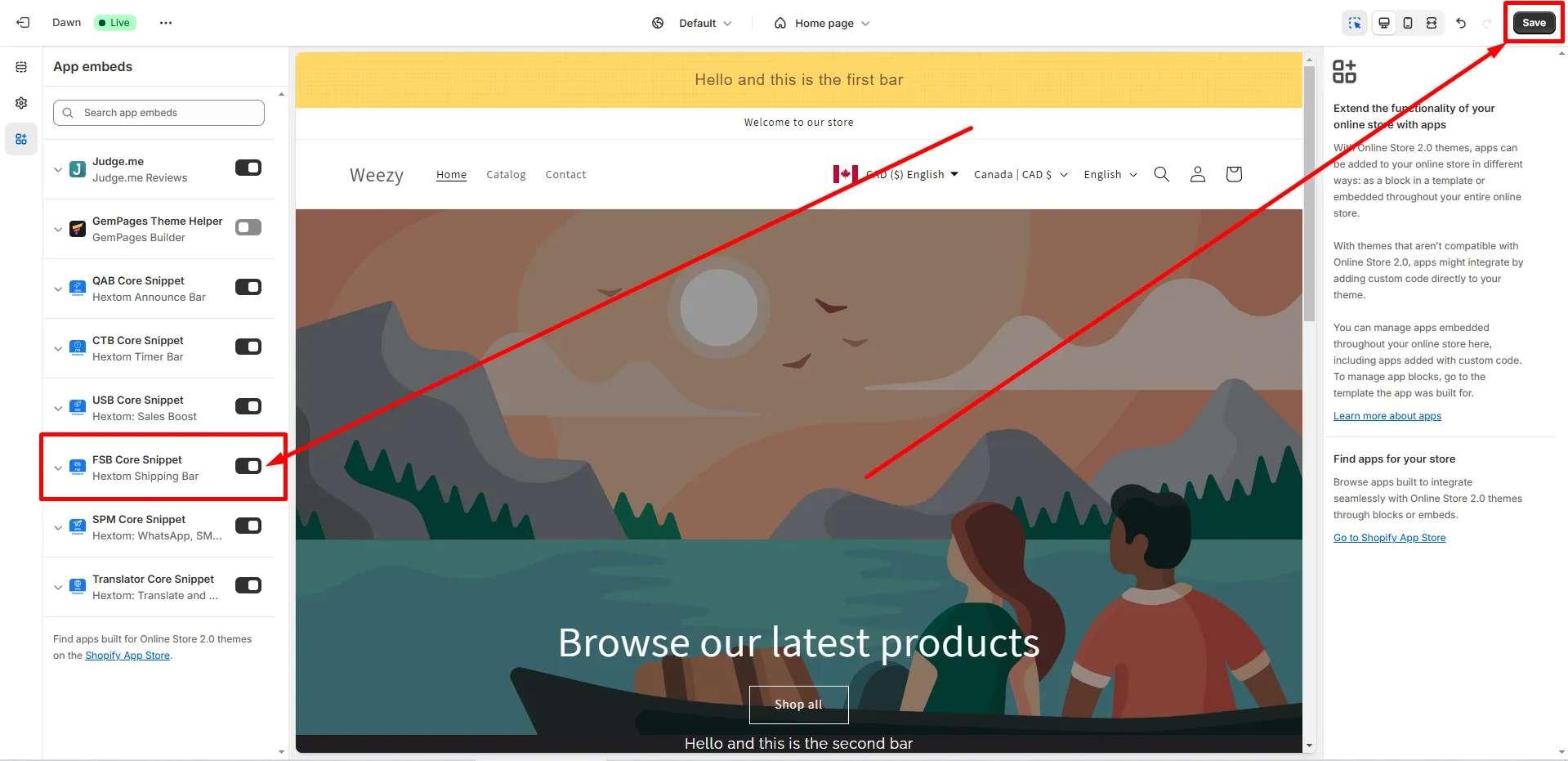 FSB Core Snippet toggle enabled in App embeds with Save button