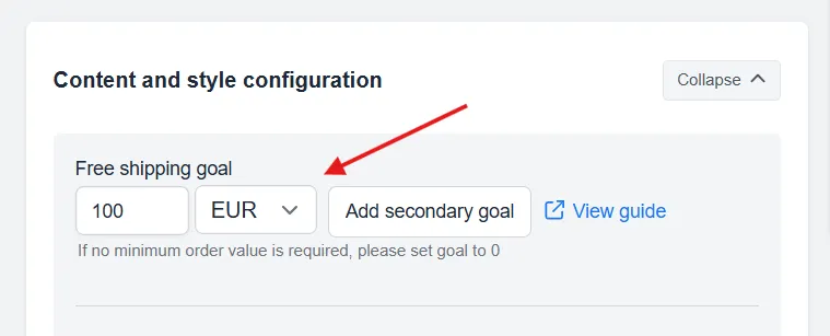 Free Shipping Bar goal amount with the currency setting shown next to it