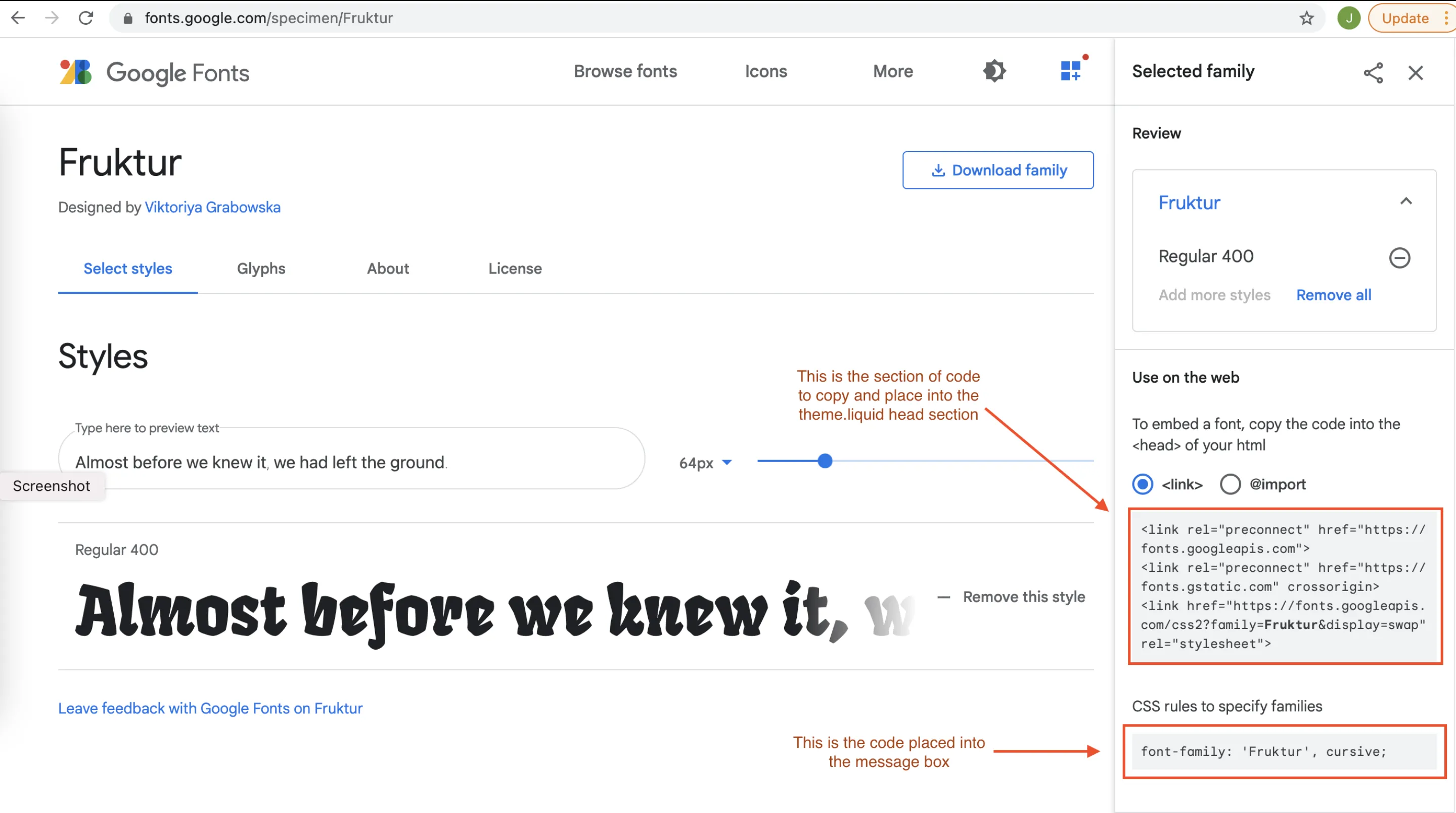 Google Fonts page showing the code sections to copy for adding a custom font