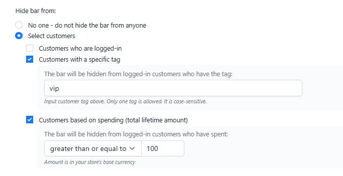 Example hide bar configuration illustrating the 'or' logic between tag and spending amount conditions