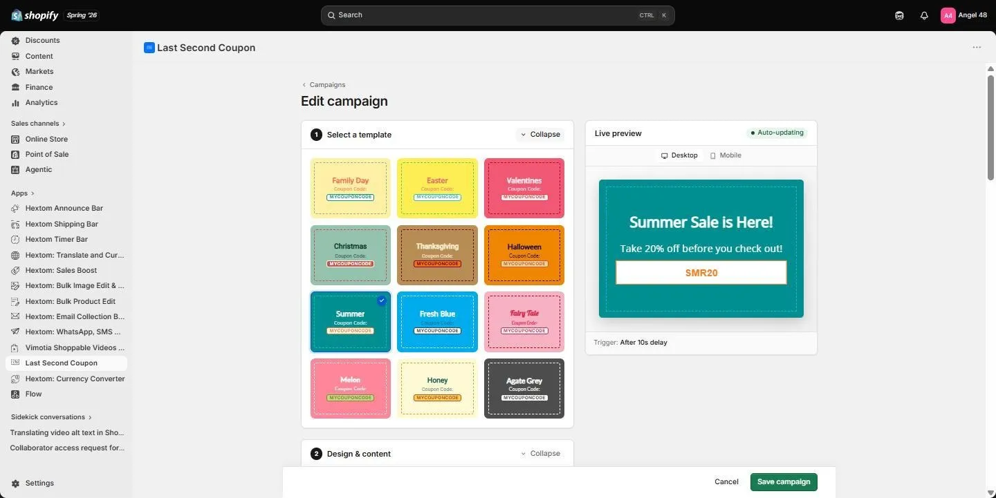 Template gallery with the Summer template selected and a live preview on the right