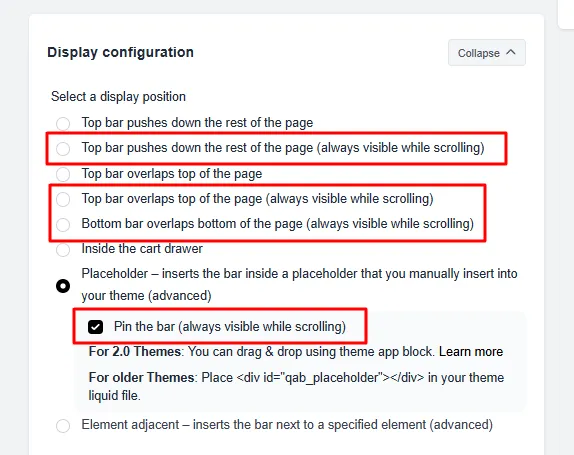 Display configuration panel showing sticky position options highlighted