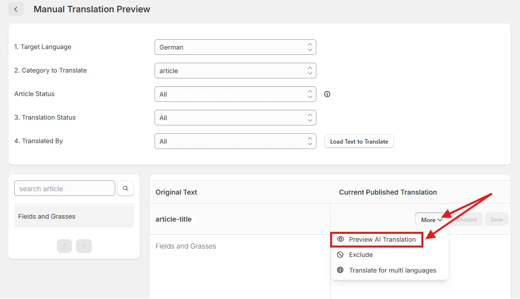 Preview AI Translation option in the More menu of the Manual Translation editor